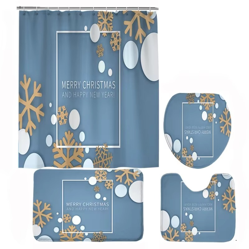 Conjunto navideño de baño con cortina de ducha, alfombrilla antideslizante, tapa de inodoro y alfombra – diseño invernal