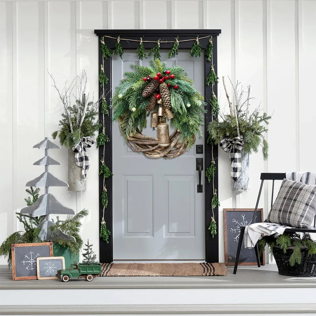 Corona de Navidad boho con cascabeles para puerta y pared