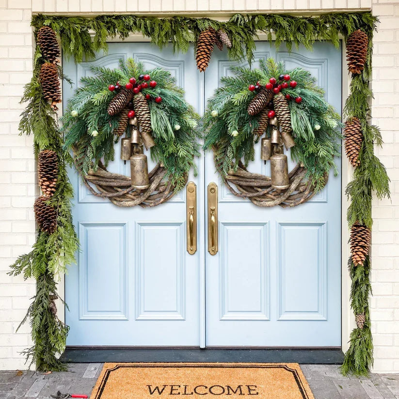 Corona de Navidad boho con cascabeles para puerta y pared
