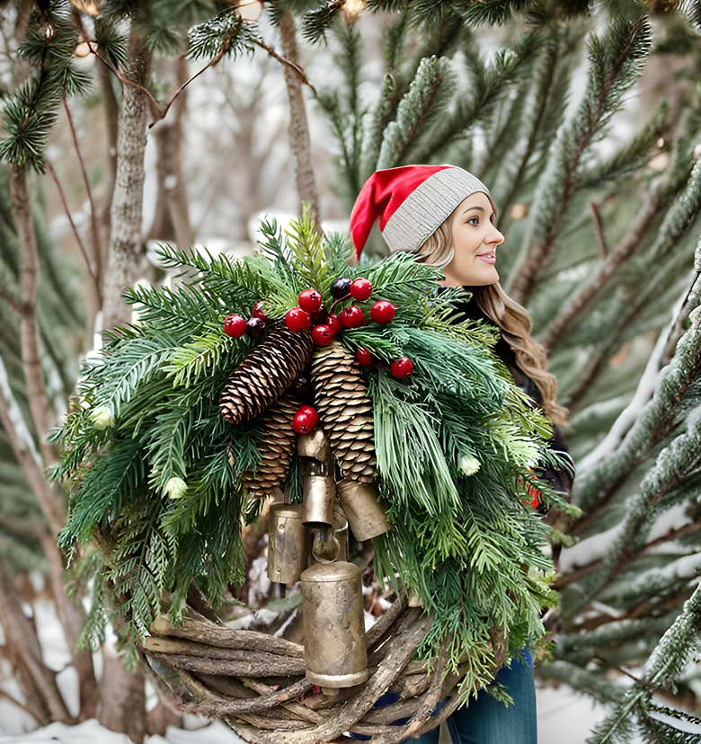 Corona de Navidad estilo boho con base de vid rústica, piñas y cascabeles dorados