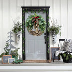 Corona de Navidad estilo boho con base de vid rústica, piñas y cascabeles dorados