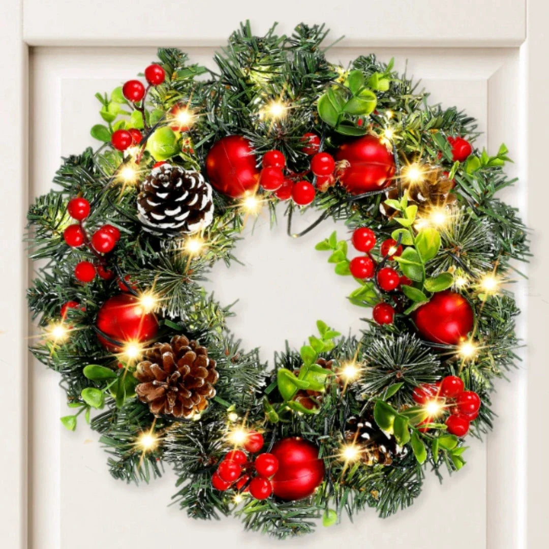 Corona de Navidad Lunoria con iluminación LED y bayas rojas
