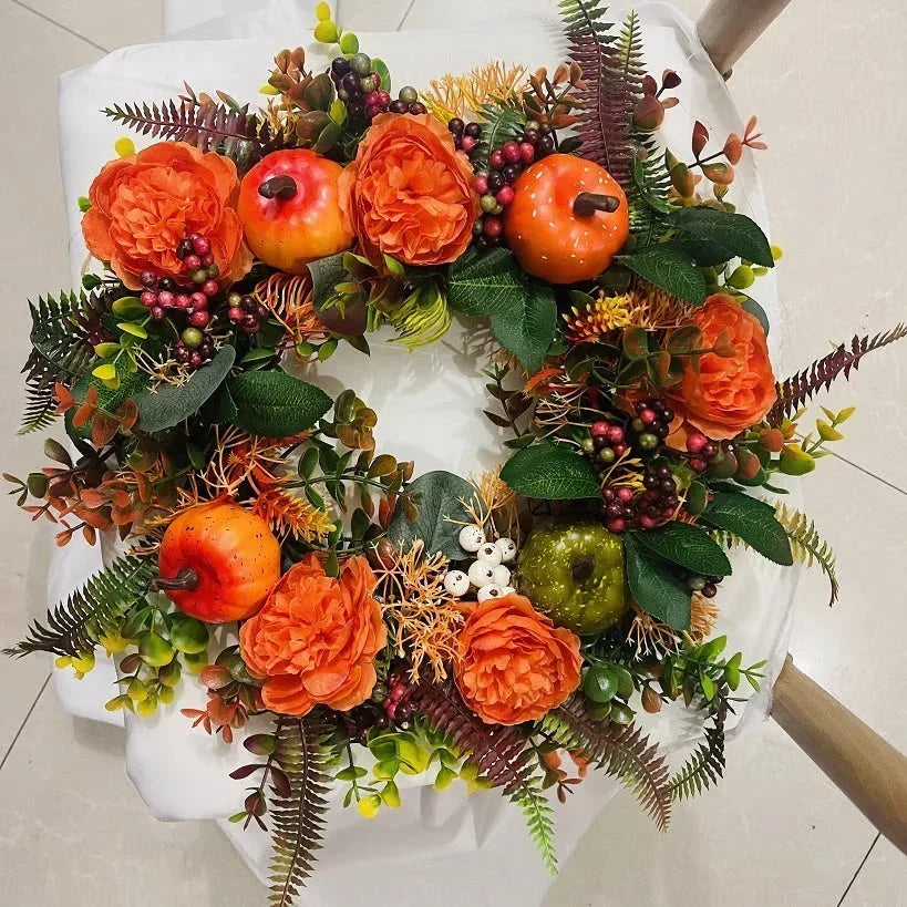 Corona de otoño con peonías y calabazas para puerta | 40 cm o 50 cm | Hecha a mano para interior y exterior estilo granj