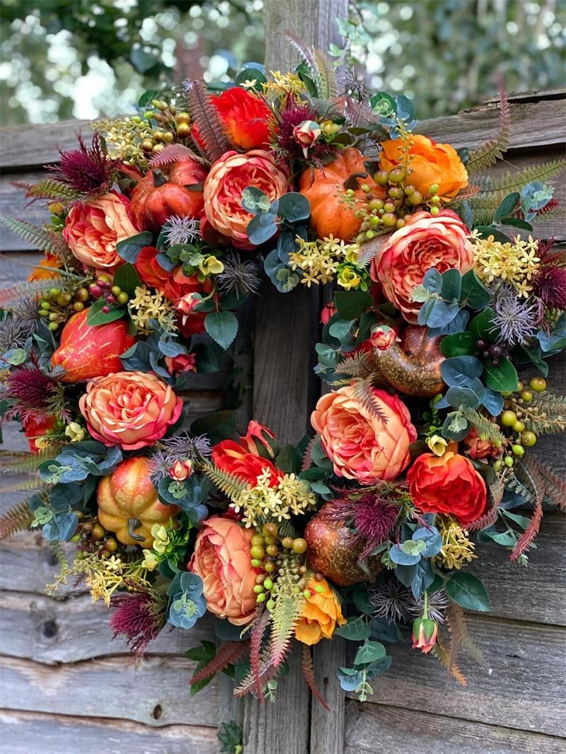 Corona de otoño con peonías y calabazas para puerta | 40 cm o 50 cm | Hecha a mano para interior y exterior estilo granj