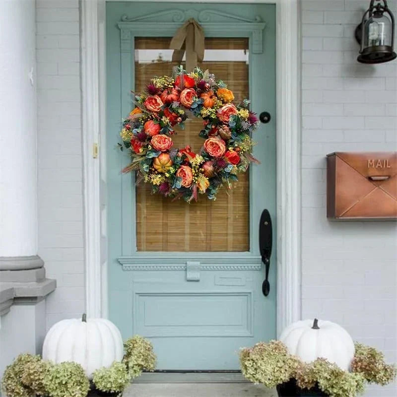 Corona de otoño con peonías y calabazas para puerta | 40 cm o 50 cm | Hecha a mano para interior y exterior estilo granj