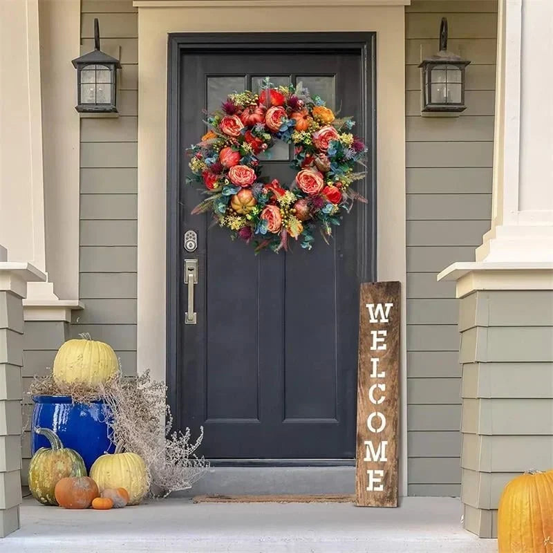 Corona de otoño con peonías y calabazas para puerta | 40 cm o 50 cm | Hecha a mano para interior y exterior estilo granj