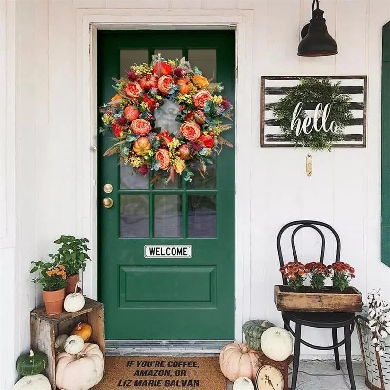 Corona de otoño con peonías y calabazas para puerta | 40 cm o 50 cm | Hecha a mano para interior y exterior estilo granj