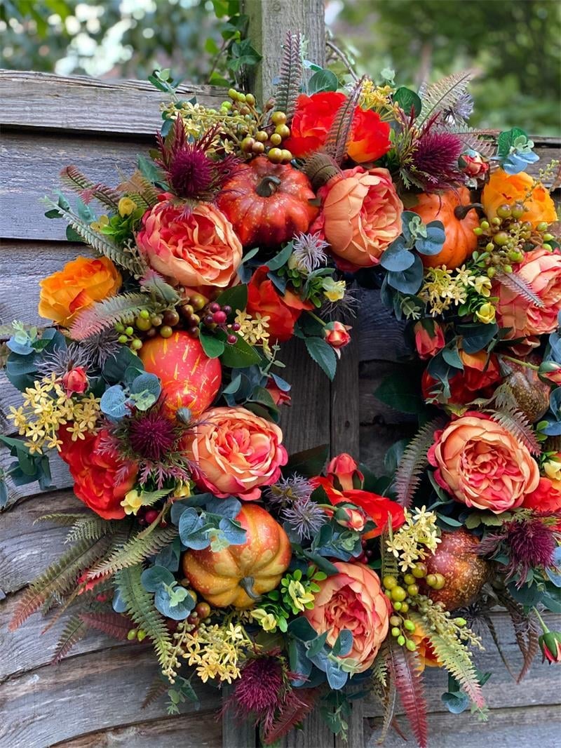 Corona de otoño con peonías y calabazas para puerta | 40 cm o 50 cm | Hecha a mano para interior y exterior estilo granj