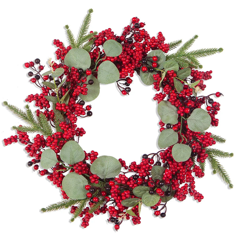 Corona navideña con bayas rojas y hojas de ciprés verde – Decoración perfecta para las fiestas