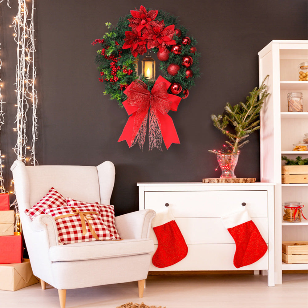 Corona navideña LED con lazo rojo para decoración interior