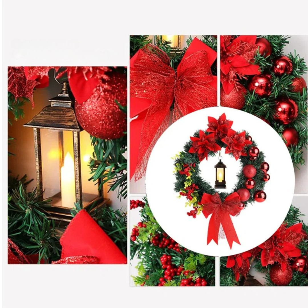 Corona navideña LED con lazo rojo para decoración interior