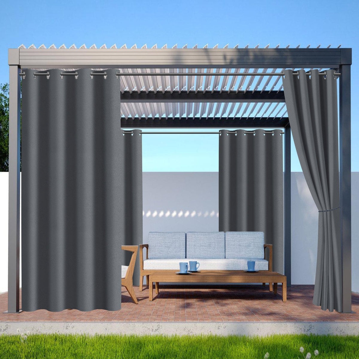 Cortina exterior impermeable con ojales