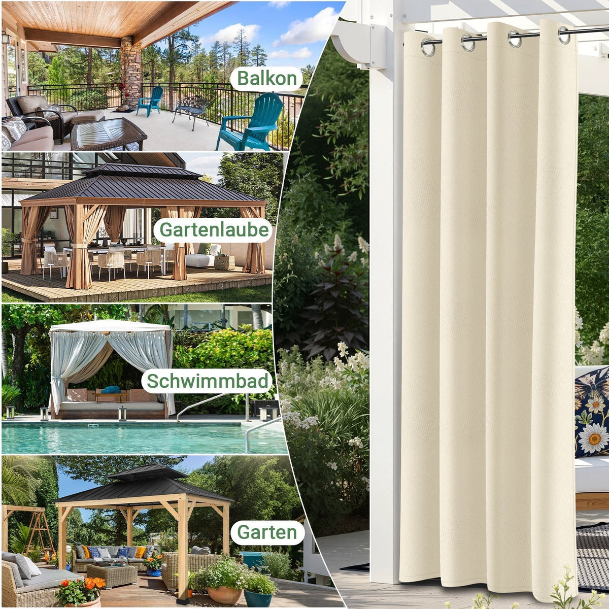 Cortina exterior impermeable con ojales