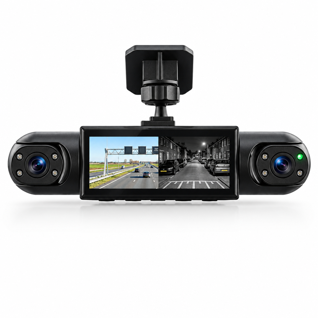 Dashcam 360° con 4 cámaras – Cámara de coche frontal, trasera y lateral con GPS, visión nocturna y cámara de marcha atrá