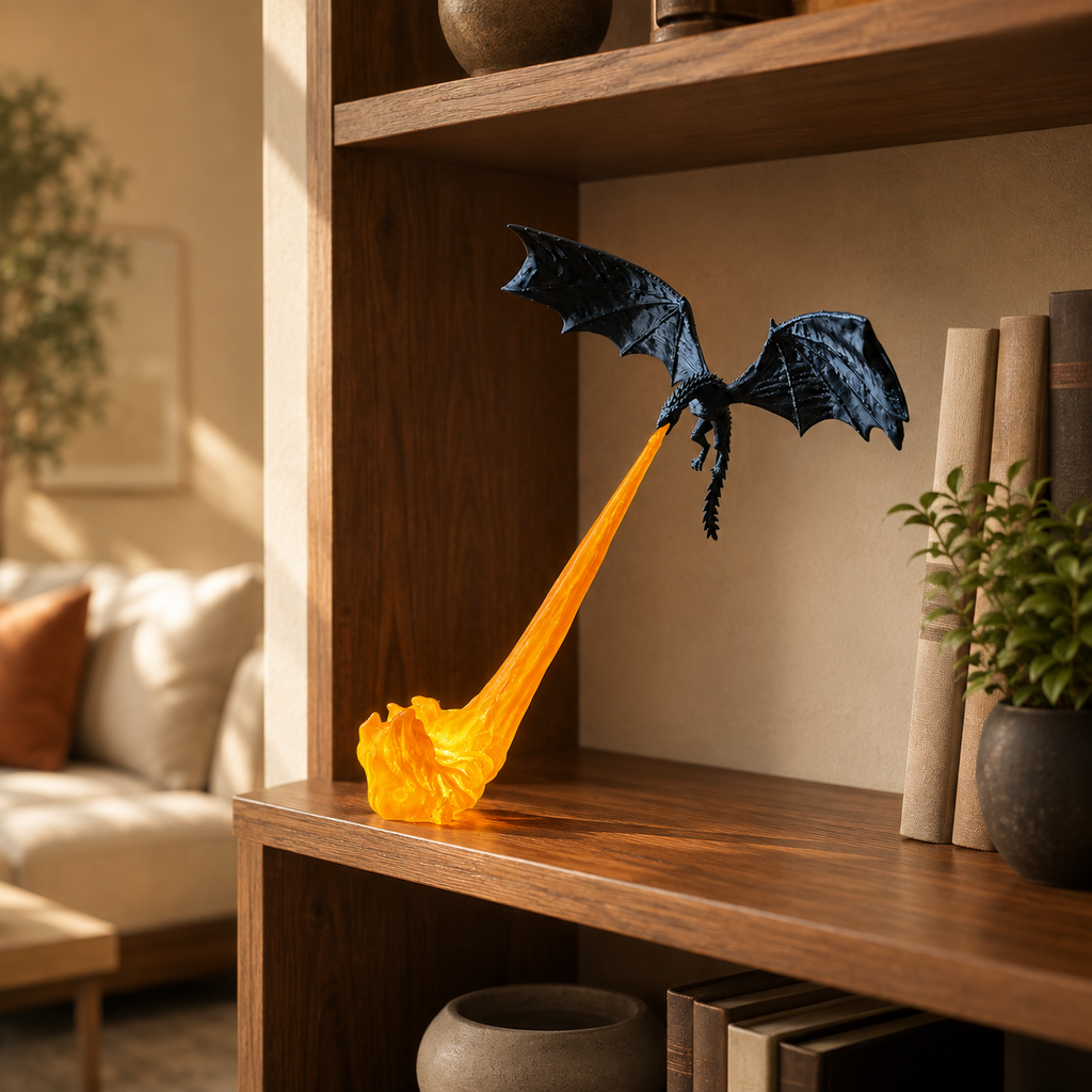 Decoración dragón volador con llama, efecto de fuego iluminado, habitaciones de fantasía