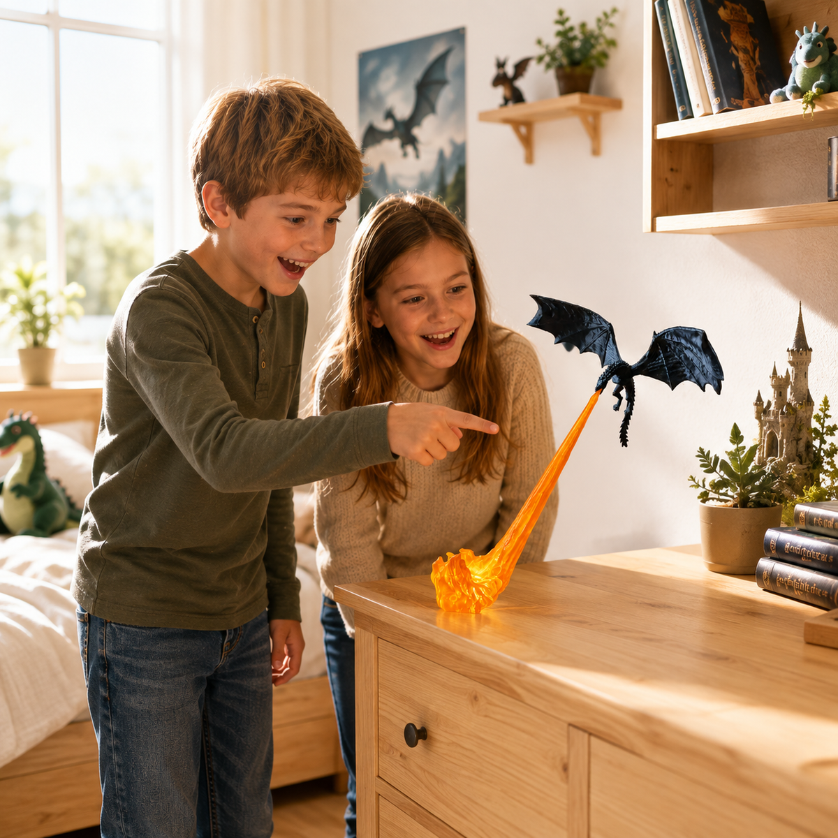 Decoración dragón volador con llama, efecto de fuego iluminado, habitaciones de fantasía