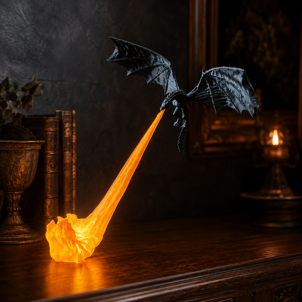 Decoración dragón volador con llama, efecto de fuego iluminado, habitaciones de fantasía