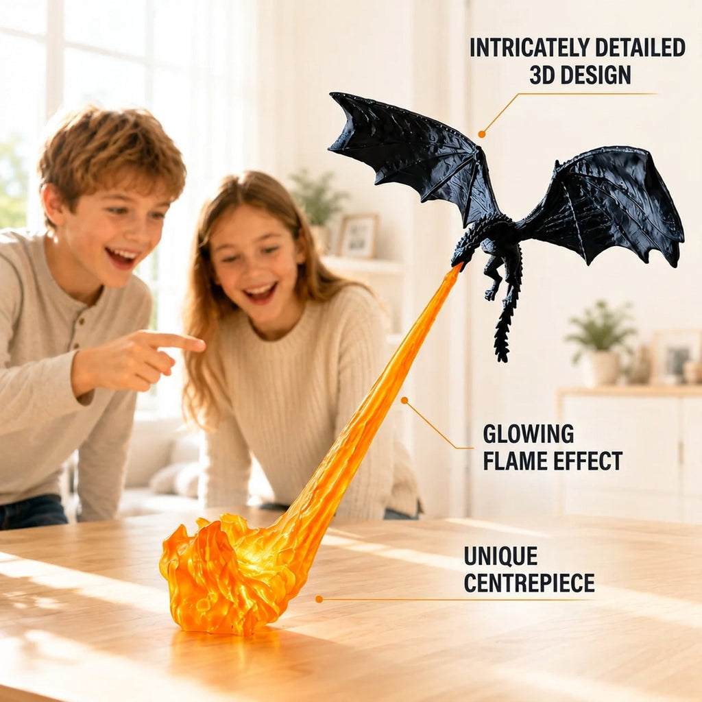 Decoración dragón volador con llama, efecto de fuego iluminado, habitaciones de fantasía