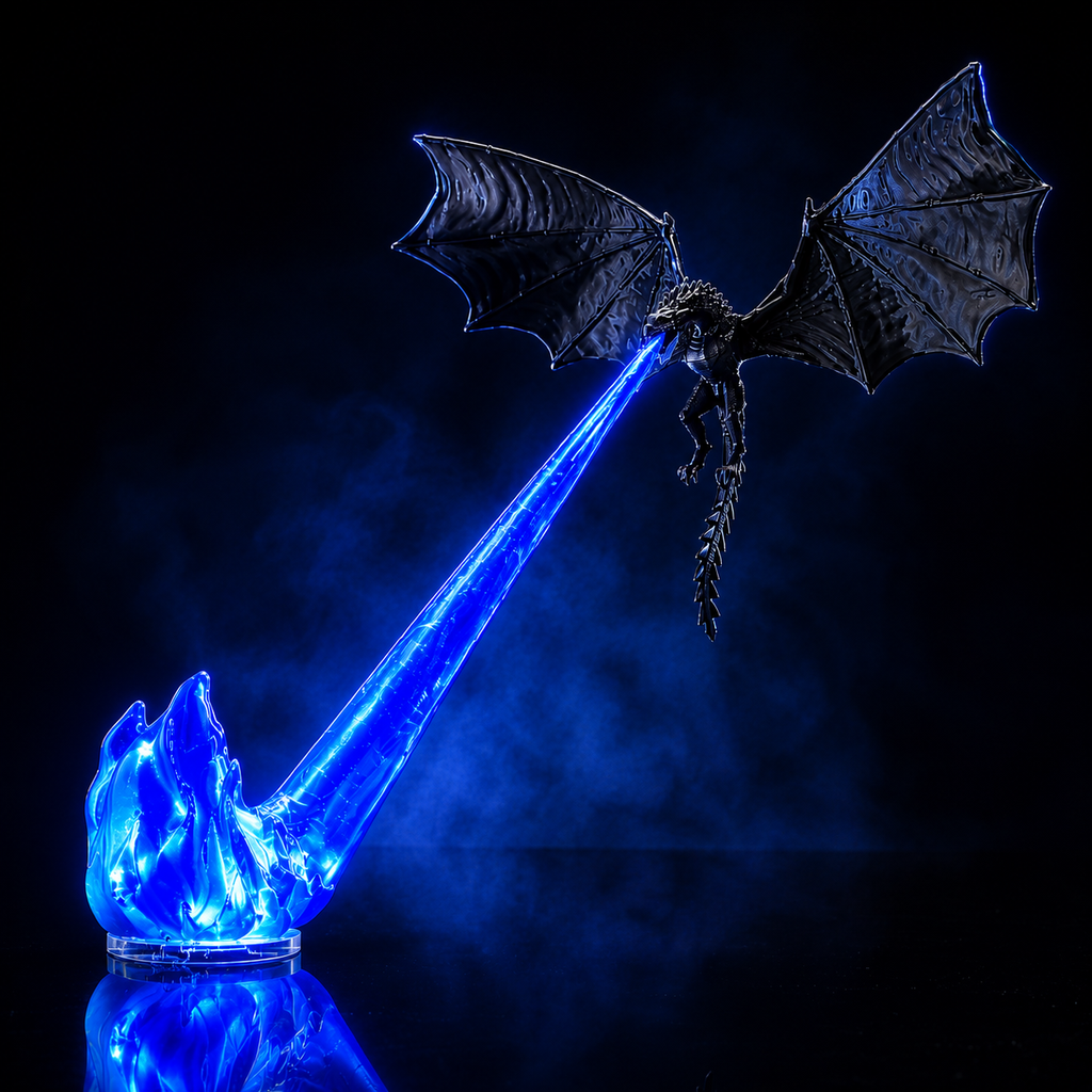 Decoración dragón volador con llama, efecto de fuego iluminado, habitaciones de fantasía