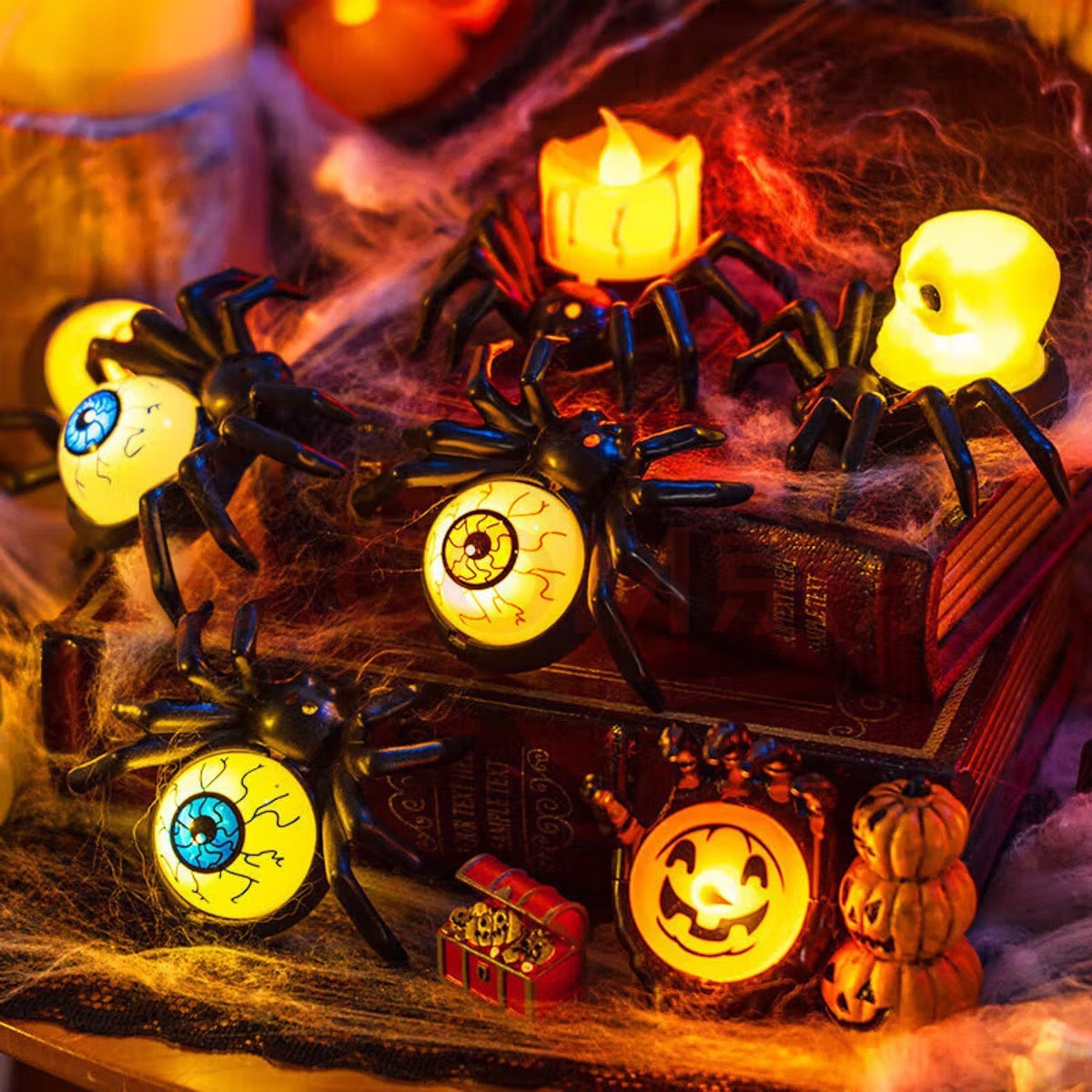 Decoración de Halloween – Araña ornamental con diseños de velas y ojos