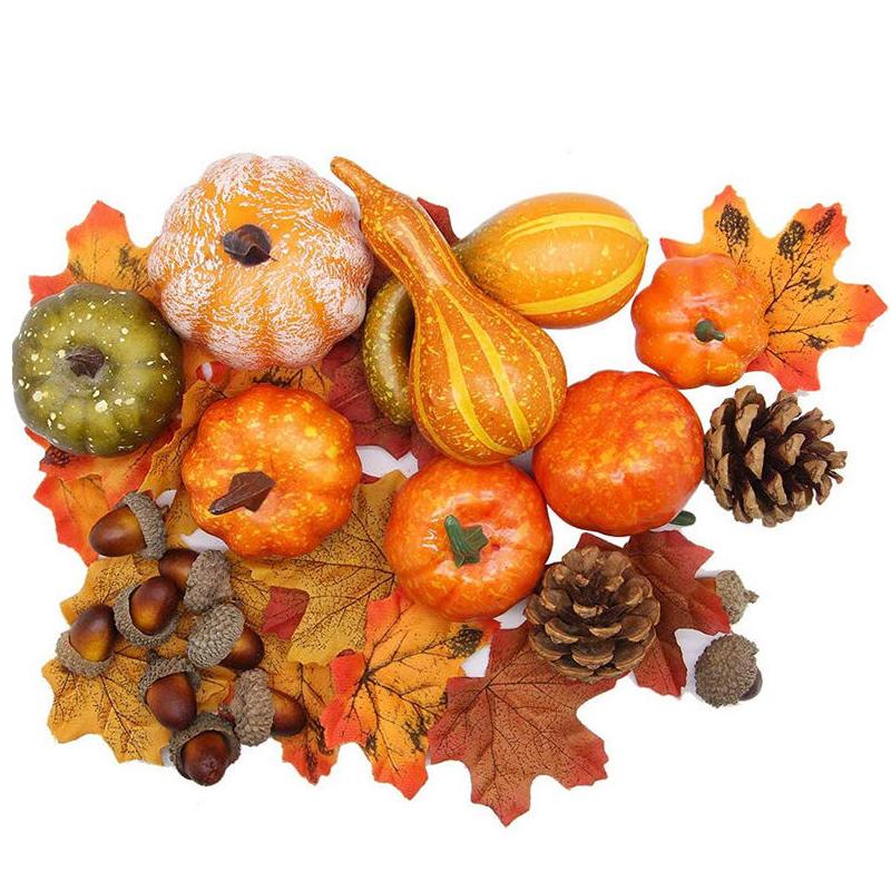 Decoraciones de mesa de otoño, set de 50 piezas con mini calabazas de espuma, hojas de arce, bellotas y piñas para mesas