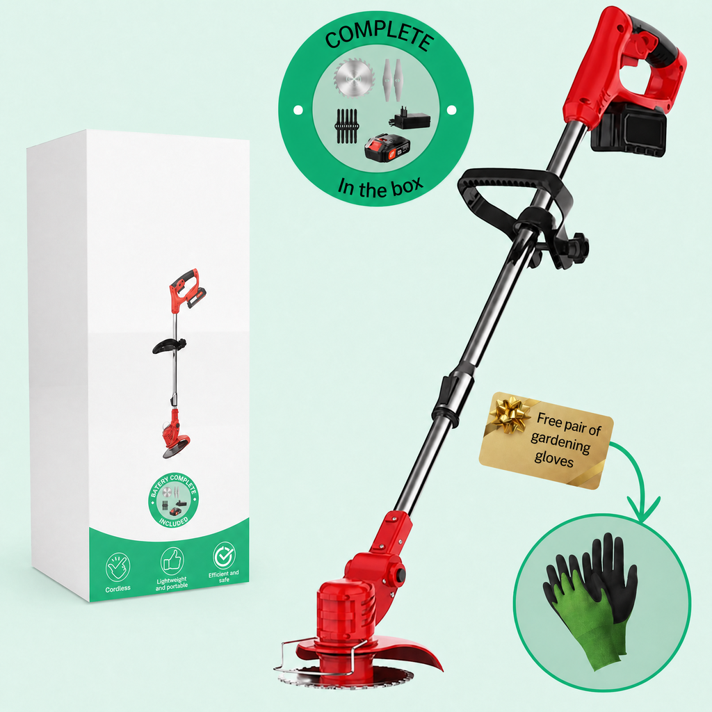 Desbrozadora sin cable 21 V con batería, mango telescópico, 3 tipos de cuchilla y cabezal giratorio 90°, 1,8 kg, batería