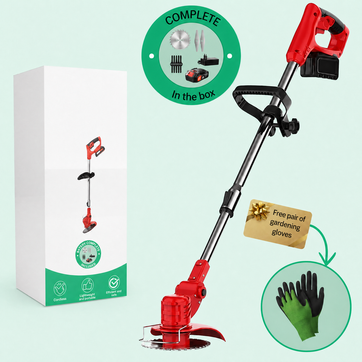 Desbrozadora sin cable 21 V con batería, mango telescópico, 3 tipos de cuchilla y cabezal giratorio 90°, 1,8 kg, batería