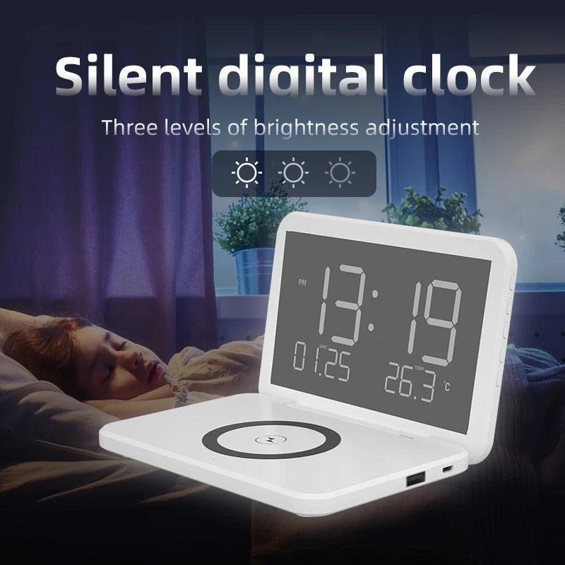 Despertador digital con carga inalámbrica rápida 15 W, temperatura y luz
