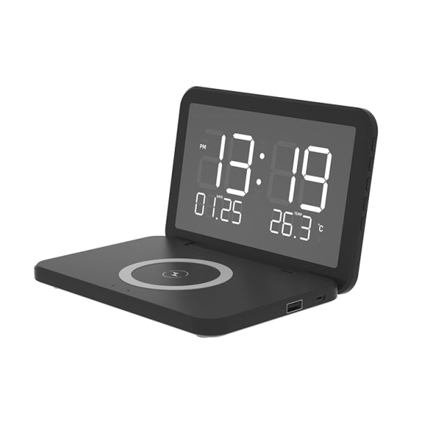 Despertador digital con carga inalámbrica rápida 15 W, temperatura y luz