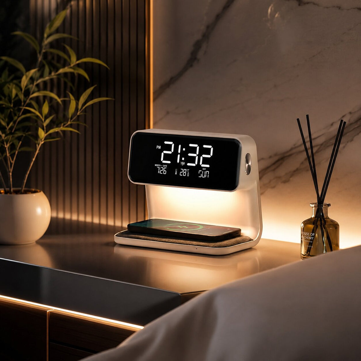 Despertador LED con carga inalámbrica | Pantalla LCD con hora, fecha y temperatura | Regulador táctil con 3 niveles de b