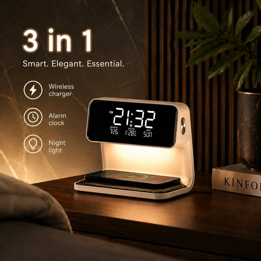 Despertador LED con carga inalámbrica | Pantalla LCD con hora, fecha y temperatura | Regulador táctil con 3 niveles de b