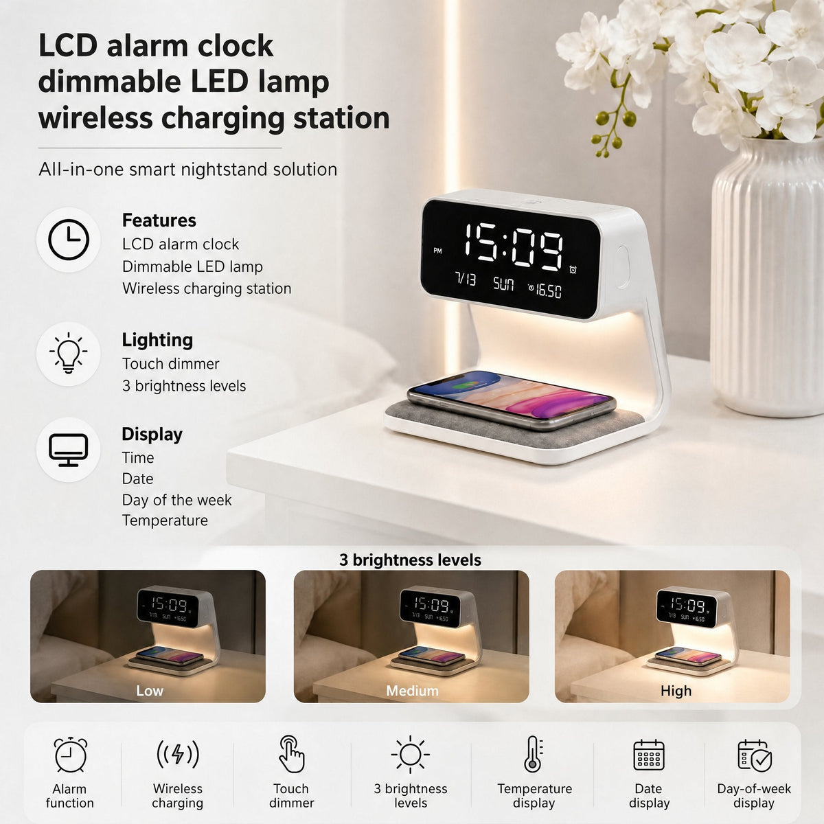 Despertador LED con carga inalámbrica | Pantalla LCD con hora, fecha y temperatura | Regulador táctil con 3 niveles de b