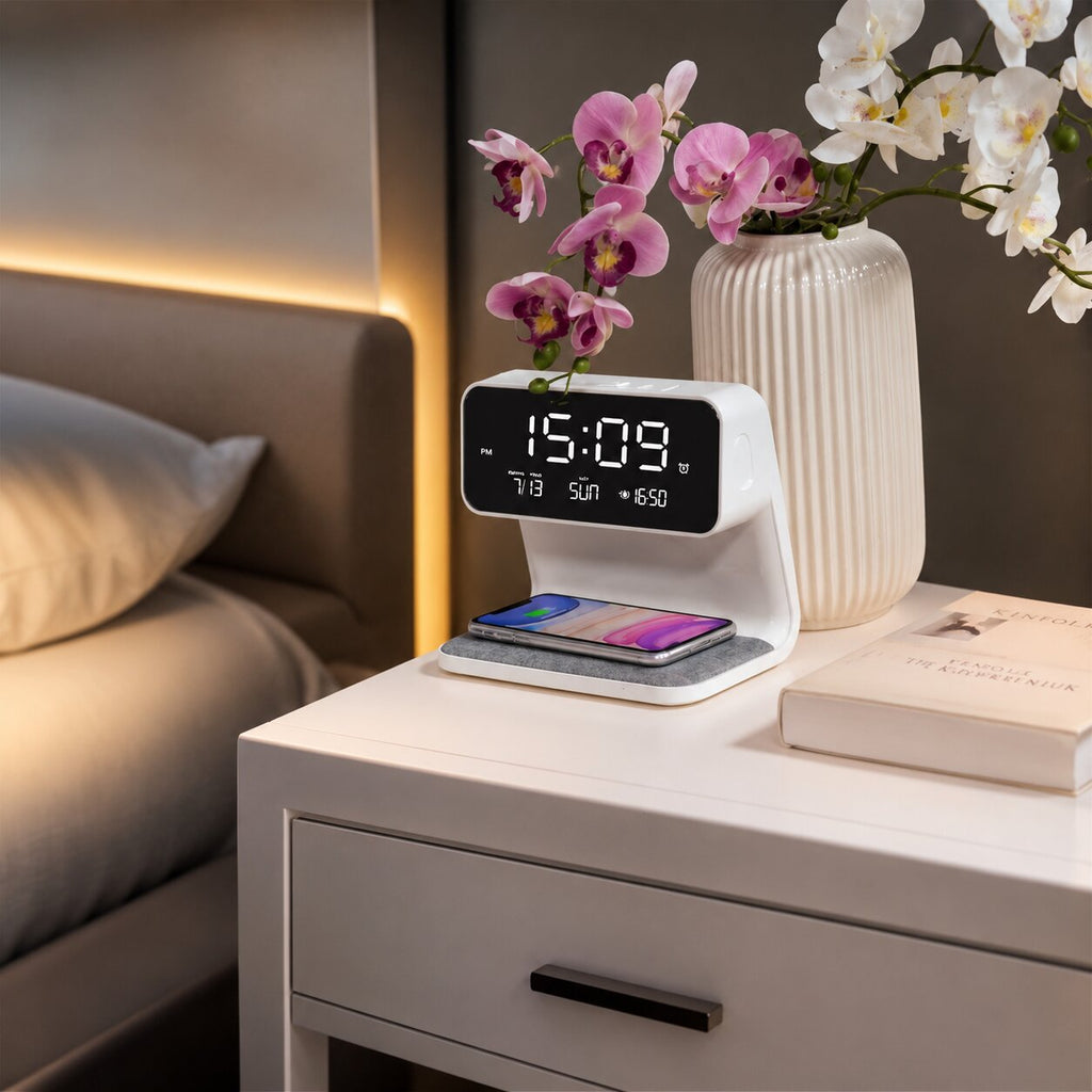 Despertador LED con carga inalámbrica | Pantalla LCD con hora, fecha y temperatura | Regulador táctil con 3 niveles de b
