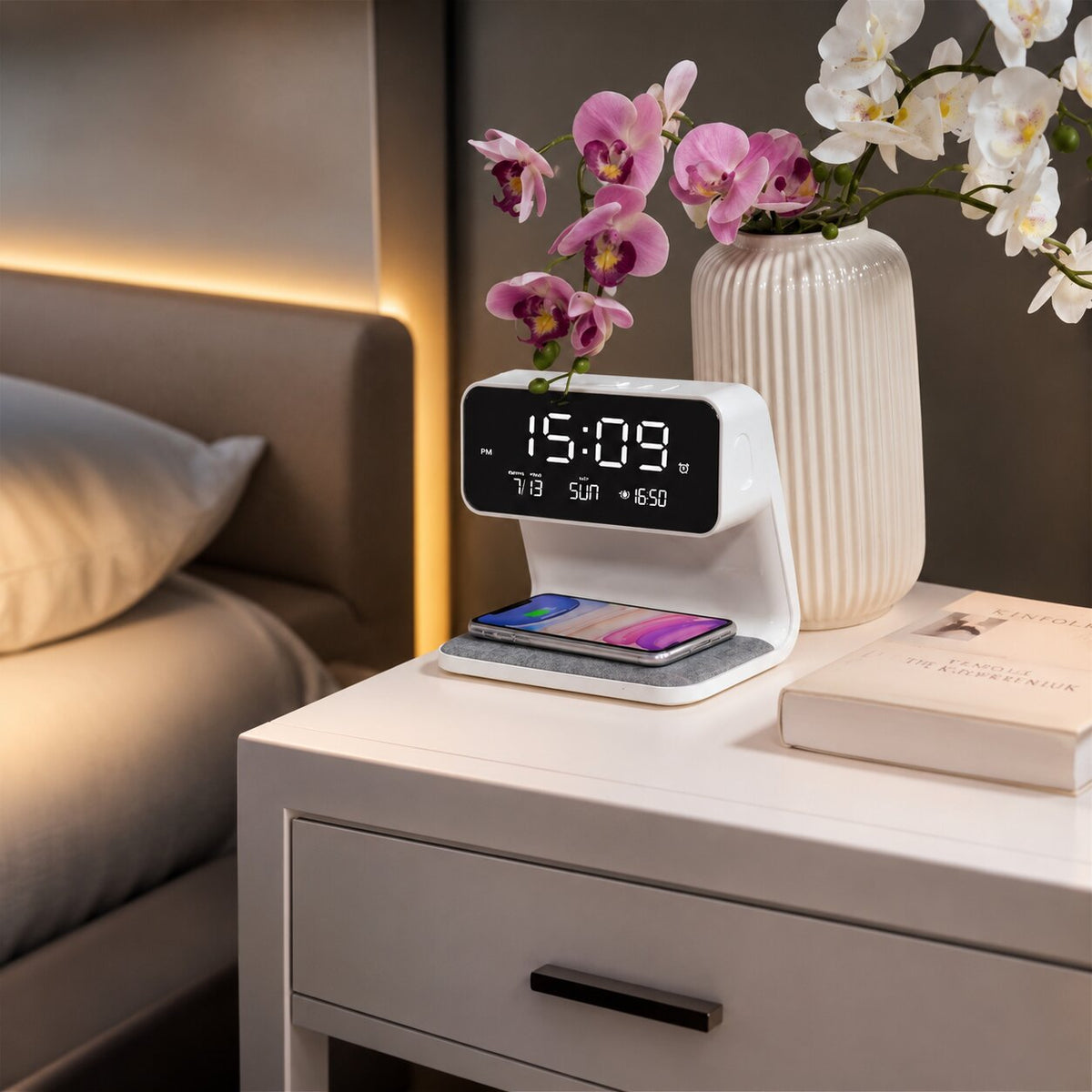 Despertador LED con carga inalámbrica | Pantalla LCD con hora, fecha y temperatura | Regulador táctil con 3 niveles de b