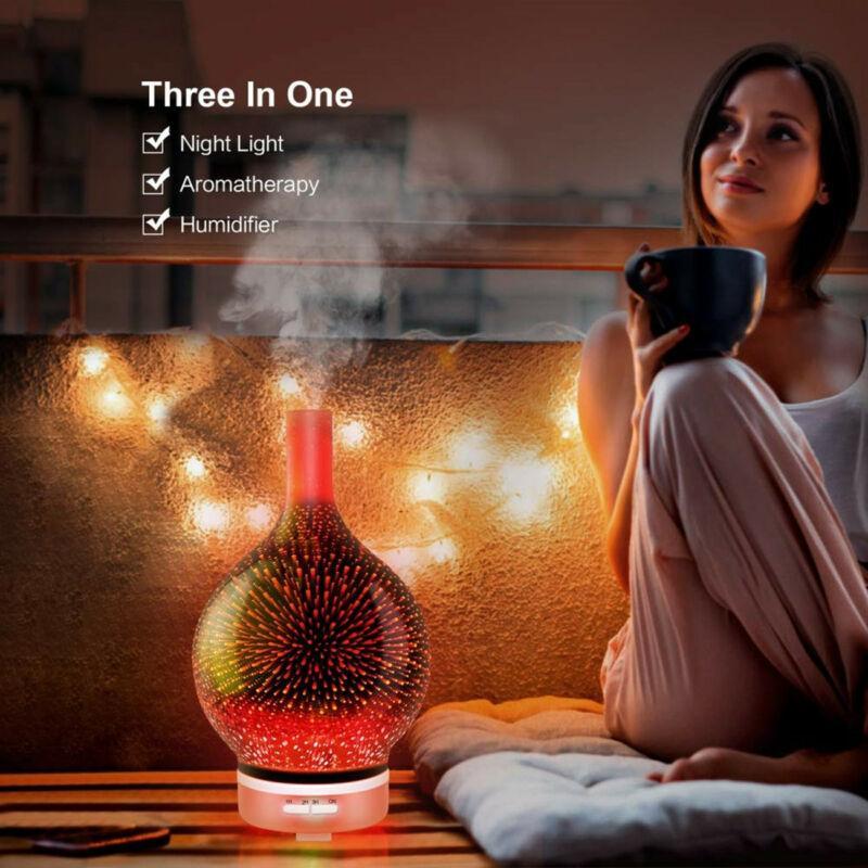 Difusor de aceites esenciales y humidificador con efecto 3D de fuegos artificiales
