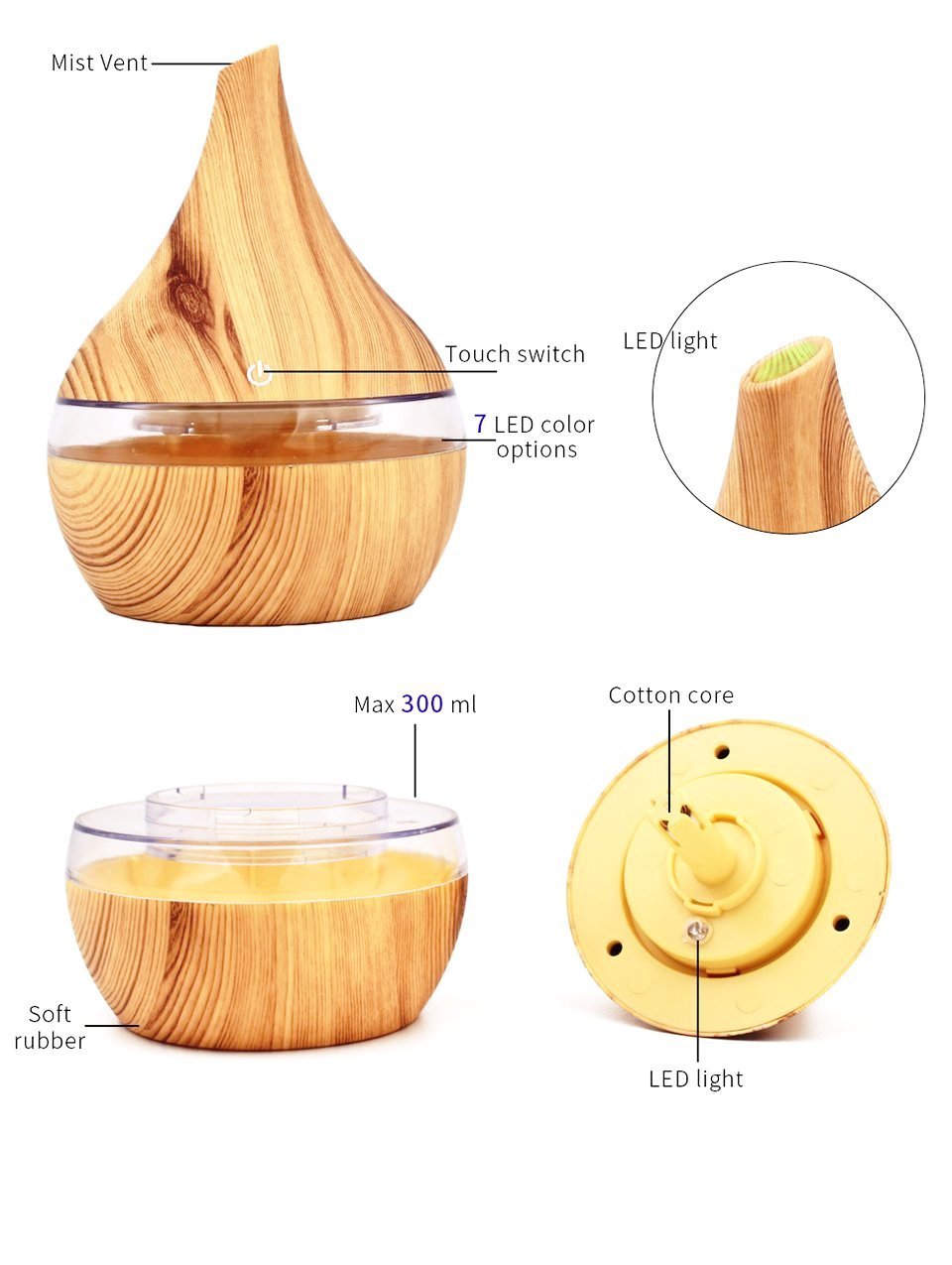 Difusor de aceites esenciales ultrasónico con efecto madera
