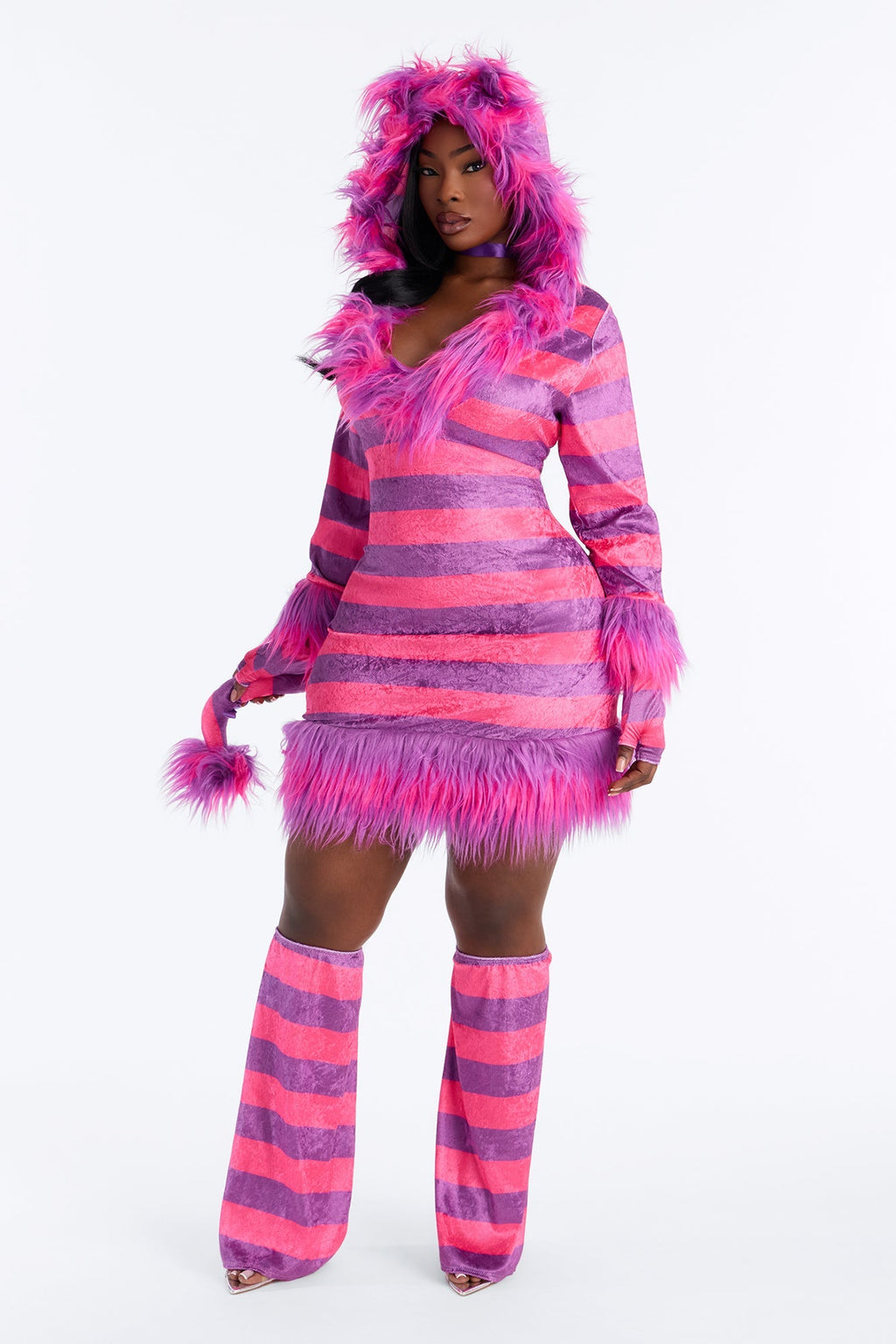 Disfraz de gatita rosa para mujer con vestido de peluche con capucha, cola, gargantilla, guantes y calentadores
