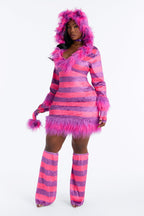 Disfraz de gatita rosa para mujer con vestido de peluche con capucha, cola, gargantilla, guantes y calentadores