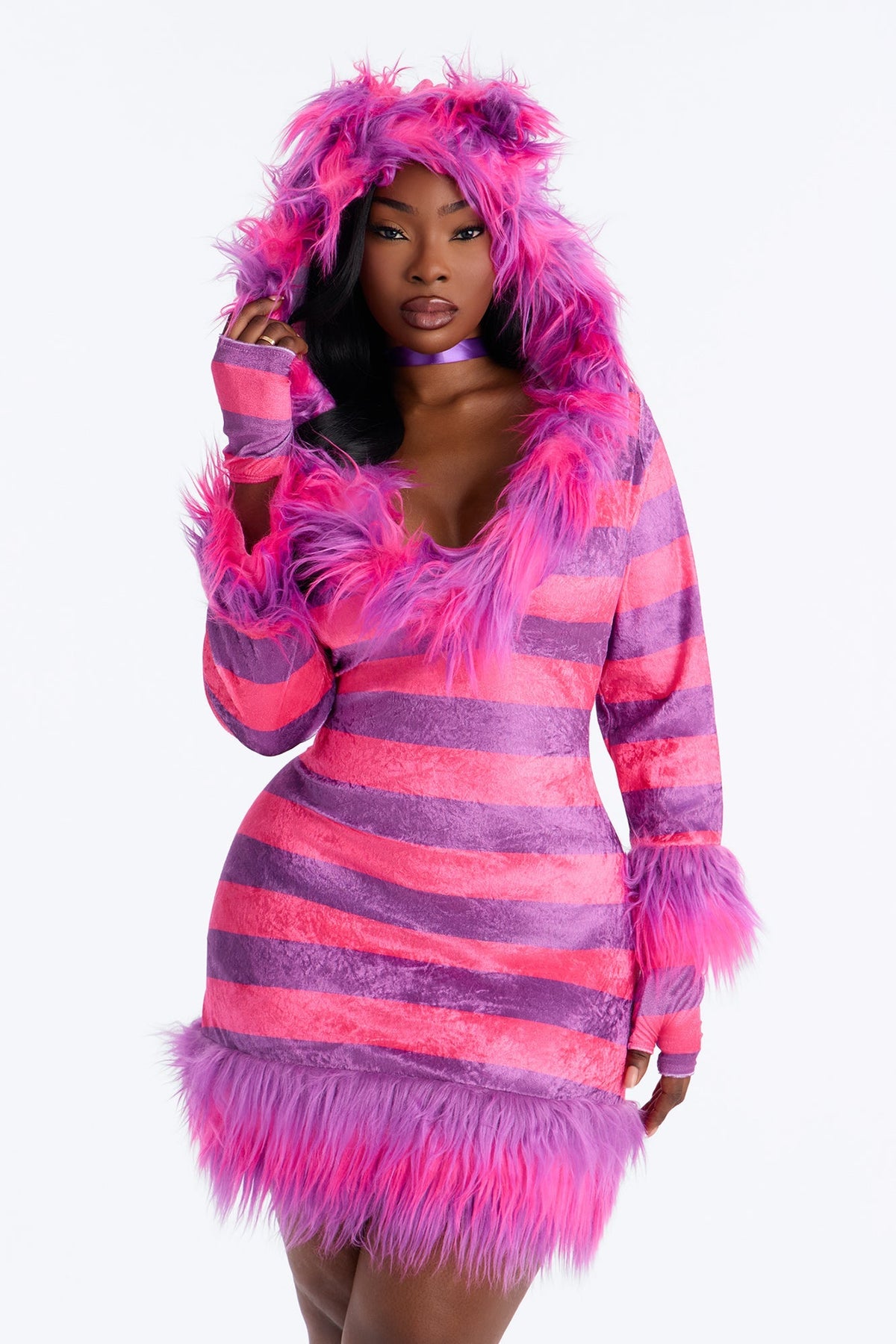 Disfraz de gatita rosa para mujer con vestido de peluche con capucha, cola, gargantilla, guantes y calentadores
