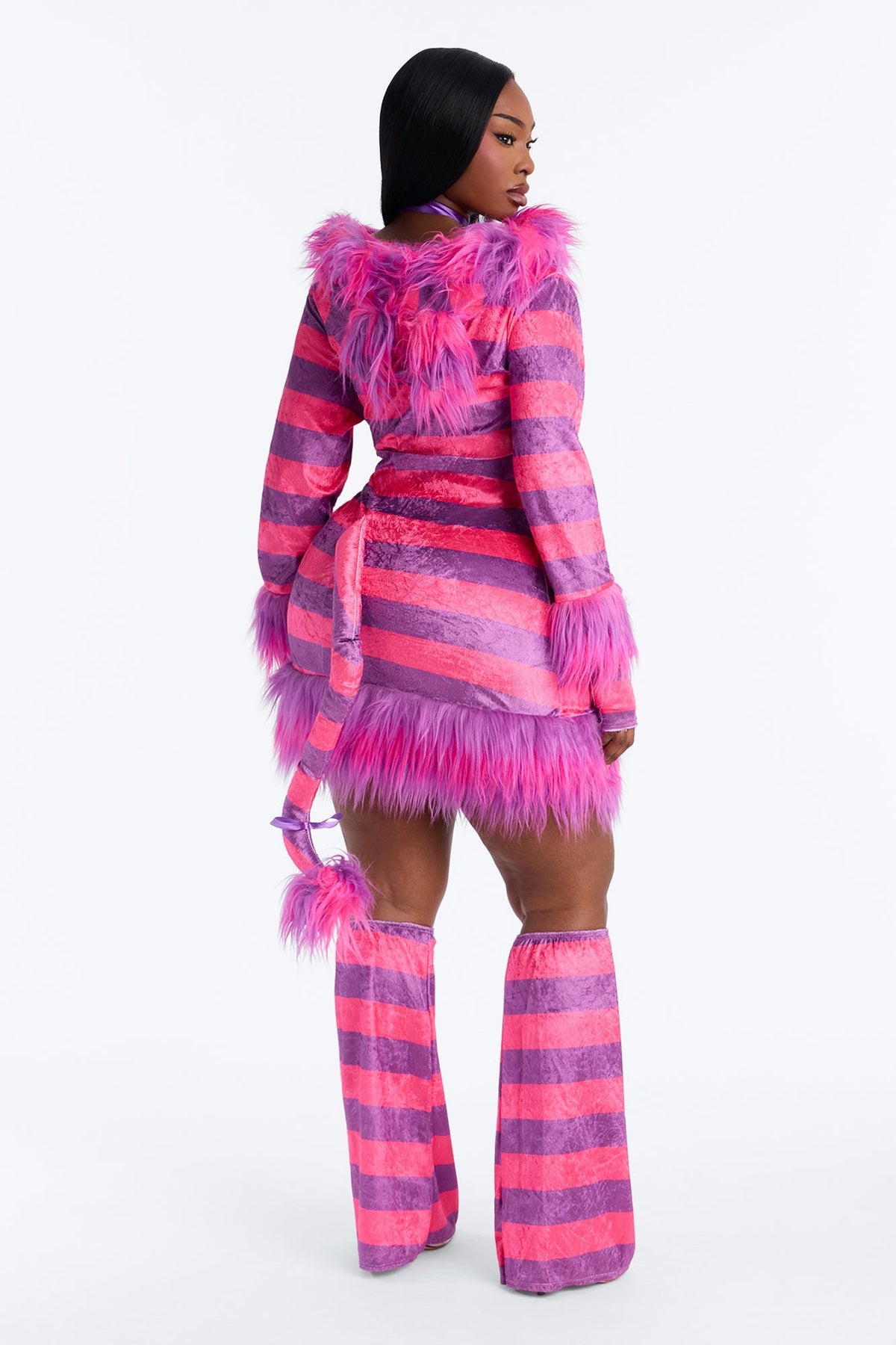 Disfraz de gatita rosa para mujer con vestido de peluche con capucha, cola, gargantilla, guantes y calentadores