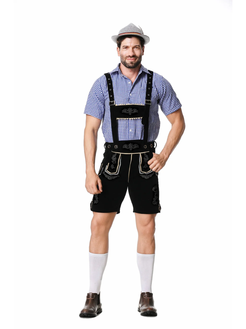 Disfraz de lederhosen de Oktoberfest para hombre – Set tradicional con camisa, tirantes y pantalones hasta la rodilla, M