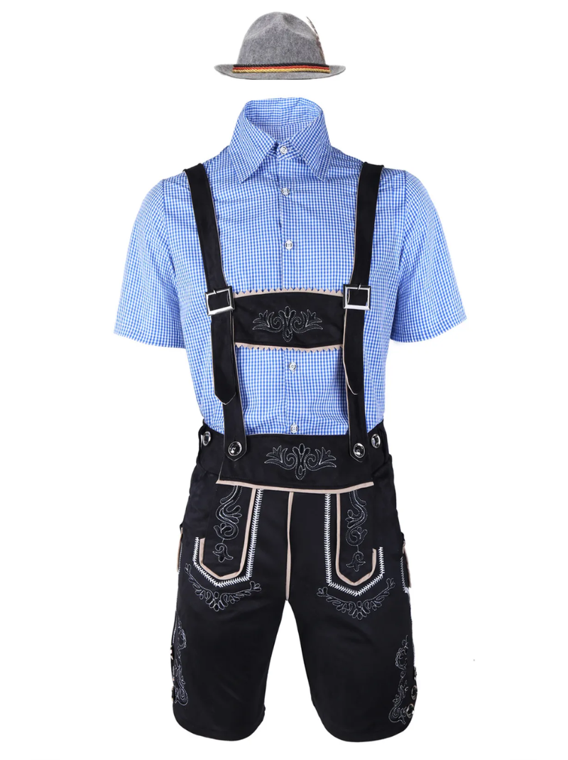 Disfraz de lederhosen de Oktoberfest para hombre – Set tradicional con camisa, tirantes y pantalones hasta la rodilla, M
