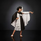 Disfraz de Halloween para niña, vestido de dálmata con manchas blancas y negras con capa, poliéster, máscara de plumas y