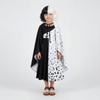 Disfraz de Halloween para niña, vestido de dálmata con manchas blancas y negras con capa, poliéster, máscara de plumas y