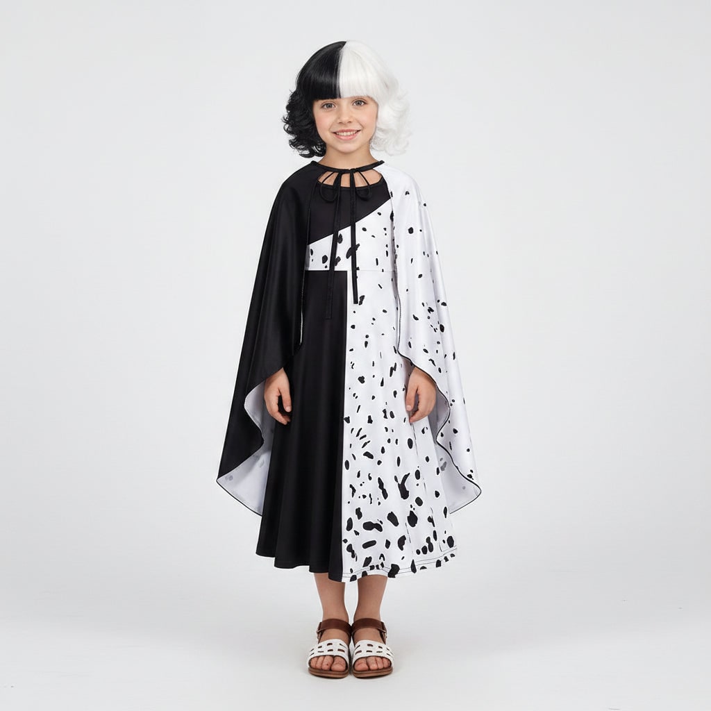 Disfraz de Halloween para niña, vestido de dálmata con manchas blancas y negras con capa, poliéster, máscara de plumas y