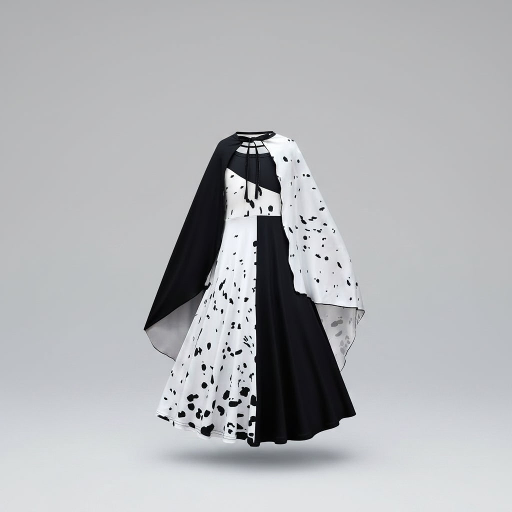 Disfraz de Halloween para niña, vestido de dálmata con manchas blancas y negras con capa, poliéster, máscara de plumas y
