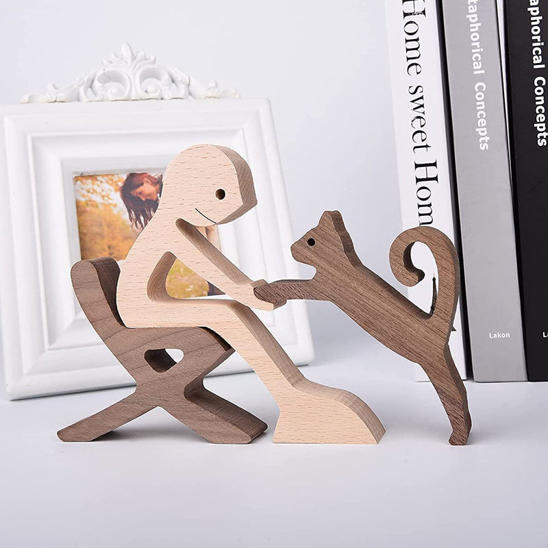 Escultura de madera para amantes de las mascotas — Figura decorativa perro y familia