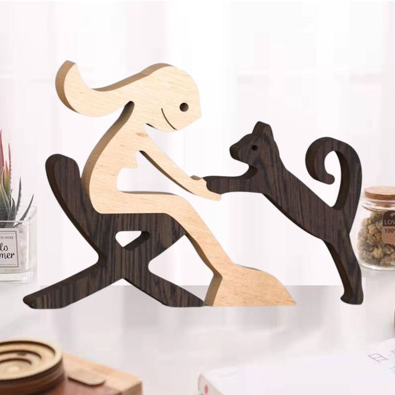 Escultura de madera para amantes de las mascotas — Figura decorativa perro y familia