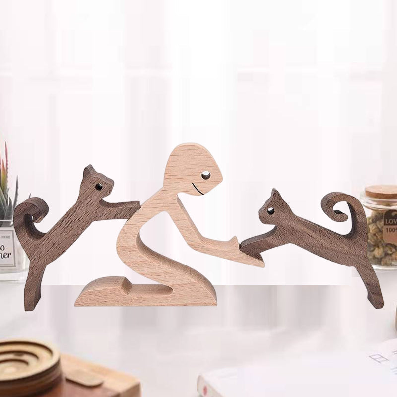 Escultura de madera para amantes de las mascotas — Figura decorativa perro y familia