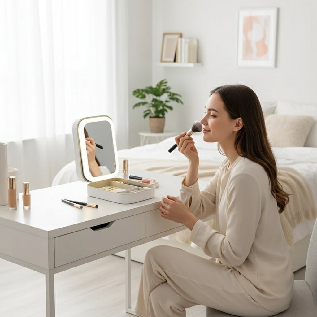 Espejo con luz LED y organizador de maquillaje GlowSpace con ángulo ajustable